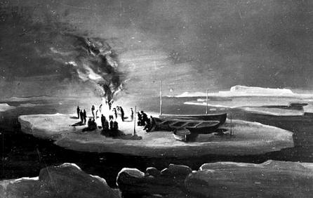 Los hombres navegando sobre una placa de hielo