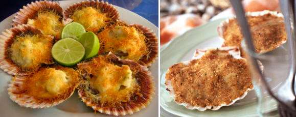 Vieiras gratinadas al horno; a la izquierda con salsa de queso, a la derecha con sofrito y pan rallado