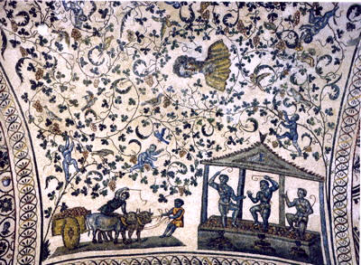 Mosaico de la iglesia de Santa Constanza (Roma), donde se puede observar la escena de una vendimia romana