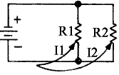 Circuito básico paralelo, compuesto de dos cargas (R1 y R2); el flujo de corriente se divide (I1 e I2) a través de ambas cargas 