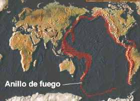 En torno a las costas del Pacífico se extiende el Anillo o Cinturón de Fuego del Pacífico