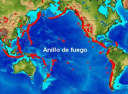 Zona Circumpacífica o Cinturón de Fuego (destacado en rojo)