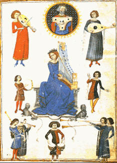 Alegoría de la Música, en una miniatura del Tratado de Música de S. Boedo, donde se representan algunos de los instrumentos más utilizados en el siglo XIV