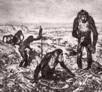 ARMAS Y HERRAMIENTAS: La acción de coger una rama o una piedra aguzada y utilizarla para la defensa o el ataque o para remover la tierra en busca de alimento pudo ser un accidente, pero también fue el primer paso del genio humano. En el grabado, una concepción artística de ese momento decisivo.