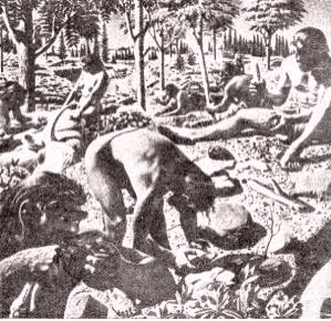 EL PALEOLITICO: Uno de las fases del desarrollo humano en que se crearon todos los medios elementales para sobrevivir: el trabajo para convertir piedras, huesos y maderos en armas y herramientas con participación del grupo, único camino para imponerse a condiciones hostiles. Más tarde aprendió a hilar para protegerse del frío. Todo el esfuerzo desplegado lo transformó de animal en Homo Sapiens.