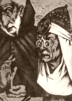 QUEVEDOS. La forma en que el estudioso medieval tiene colocados los lentes se denomina "pince-nez" o quevedos. La fecha de la invención de los anteojos no está clarificada.