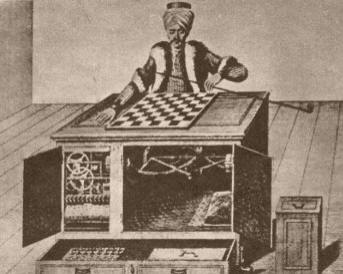 "EL TURCO" Era un buen ajedrecista, pero poco amigo de las "trampas" en que incurrían sus adversarios. Su creador fue el barón von Kempelen. El grabado capta dos escenas de la presentación hecha por su inventor antes de cada enfrentamiento de su "pupilo"