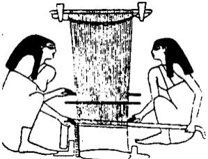 TELARES. Los primeros telares aparecen alrededor del 5.000 a.C. En el grabado, un telar vertical con lizos.