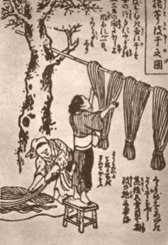 SECANDO HOJAS DE PAPEL. Un "Manual práctico de la fabricación del papel" muestra las diversas etapas antes que se convierta en tal. En la ilustración, dos orientales secan hojas