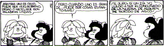 En esta historieta de Mafalda, Miguelito expresa "hijo", "sobrino", "primo" o "nieto" identificándolas como "palabras lindas", debido a la "connotación" de intensa afectividad que esas palabras evocan en la edad infantil. 