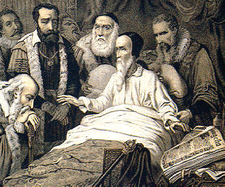 Grabado del siglo XIX representando a Calvino agonizante