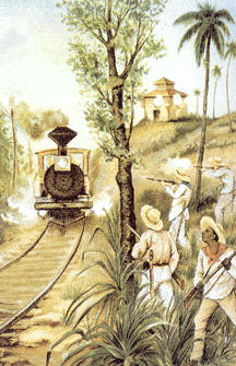Rebeldes cubanos atacando un tren durante la guerra de independencia