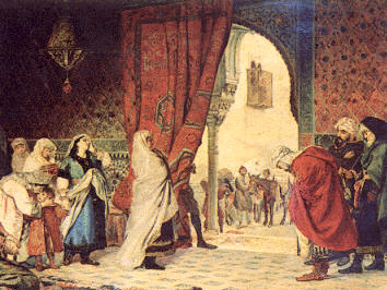 Ilustración de tema histórico aplicable a la novela morisca; en la imagen, la familia real nazarita --última dinastía musulmana que reinó-- abandonando los alcázares; obra de Ruiz Almodóvar.