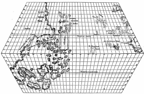 Mapa que se atribuye a Toscanelli, donde figura una gran isla en el Atlántico, identificada como San Brandán.