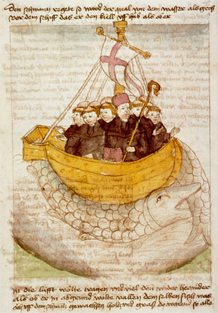 San Brandán y su séquito sobre la ballena, ilustración en un manuscrito del siglo XV