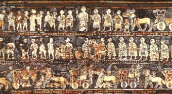 Estandarte real de Ur, una de las primeras ciudad-estado en ser destruida, donde se representan escenas militares y civiles de la vida cotidiana